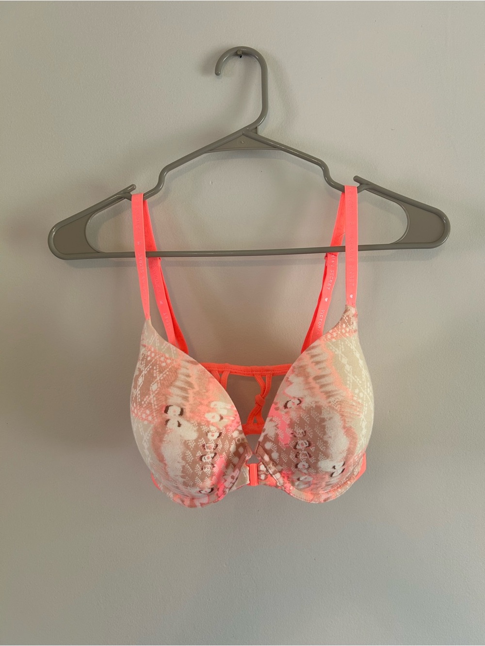 Victoria's Secret Neon Coral & White Patterned Push-Up Bra